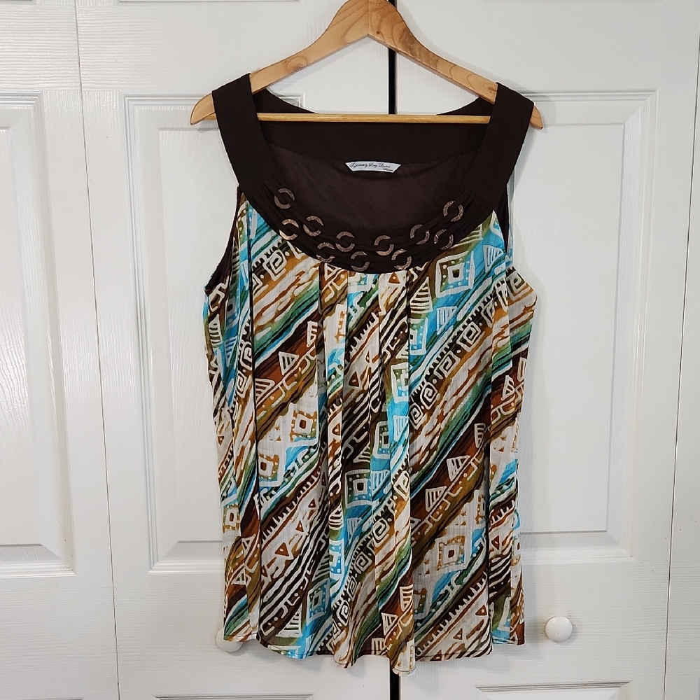 Signature By Larry Levine Geometric Beaded Tank Top Size 1X Tribal Southwestern
